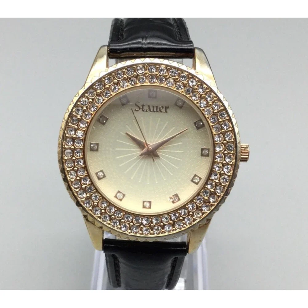 Stauer 28342 Womens Watch 38mm Gold Tone Crystal Bezel Black Leather New Battery